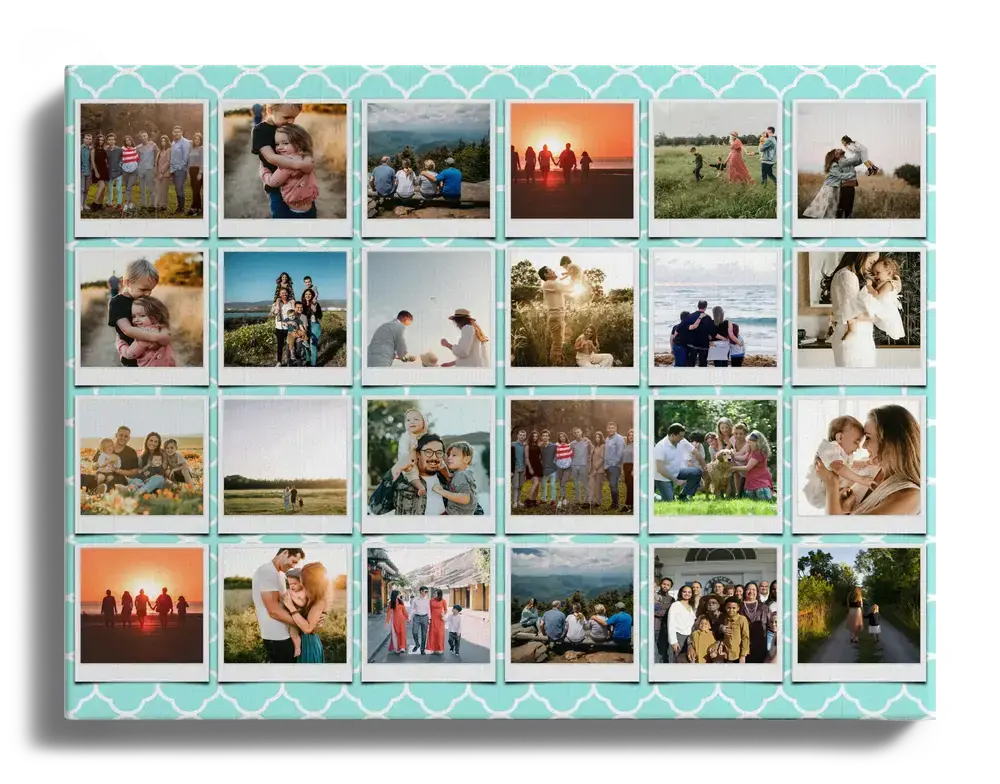 Collage de 24 photos de famille style Polaroid sur toile à motif turquoise, un cadeau pour toute la famille