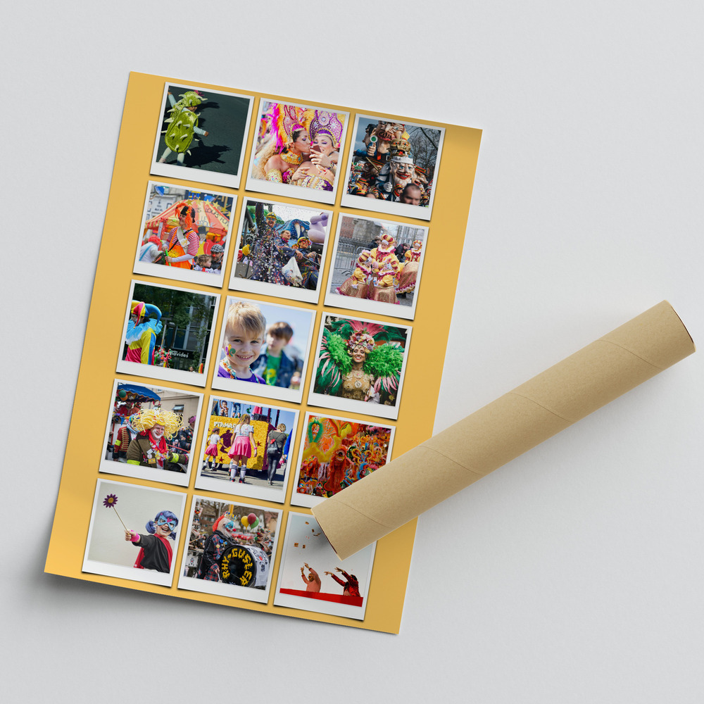 Poster pêle-mêle de carnaval avec 15 photos style Polaroid sur fond jaune, à côté d’un tube d’expédition