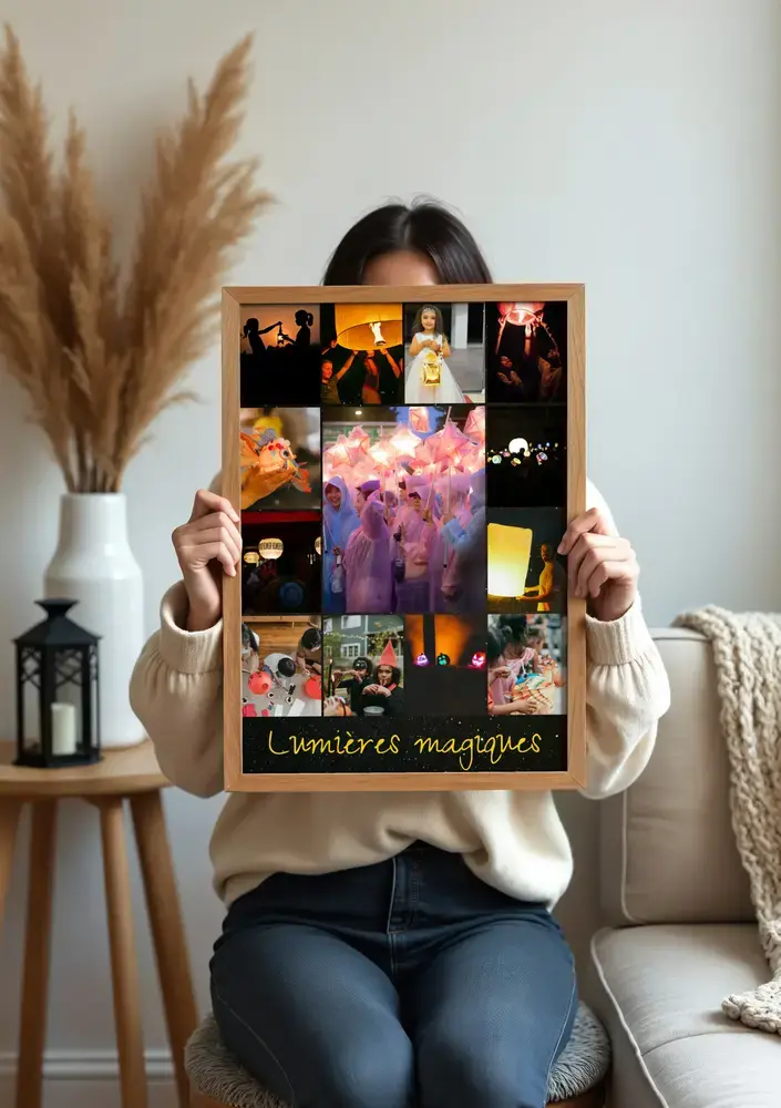 Collage photo de lanternes avec texte, encadré en bois dans le salon, une idée cadeau pour les grands-parents