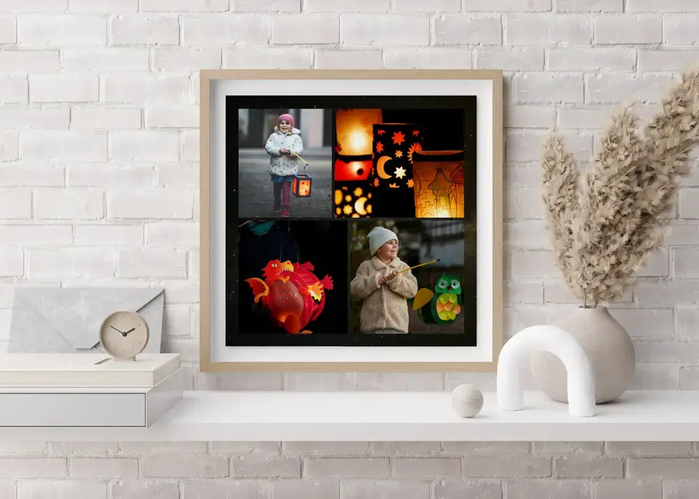 Collage de quatre photos de lanternes encadré au-dessus d’un buffet blanc, un cadeau souvenir pour les grands-parents