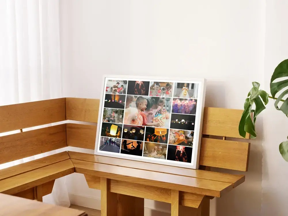 Collage photo d’un défilé de lanternes, en cadre blanc posé sur un banc en bois, un cadeau pour toute la famille