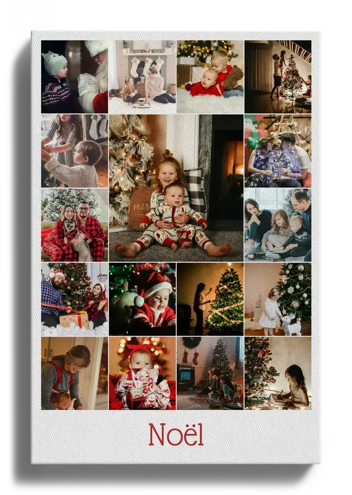 Pêle-mêle photo de Noël sur toile, avec photos de famille et texte rouge, une idée cadeau pour les parents