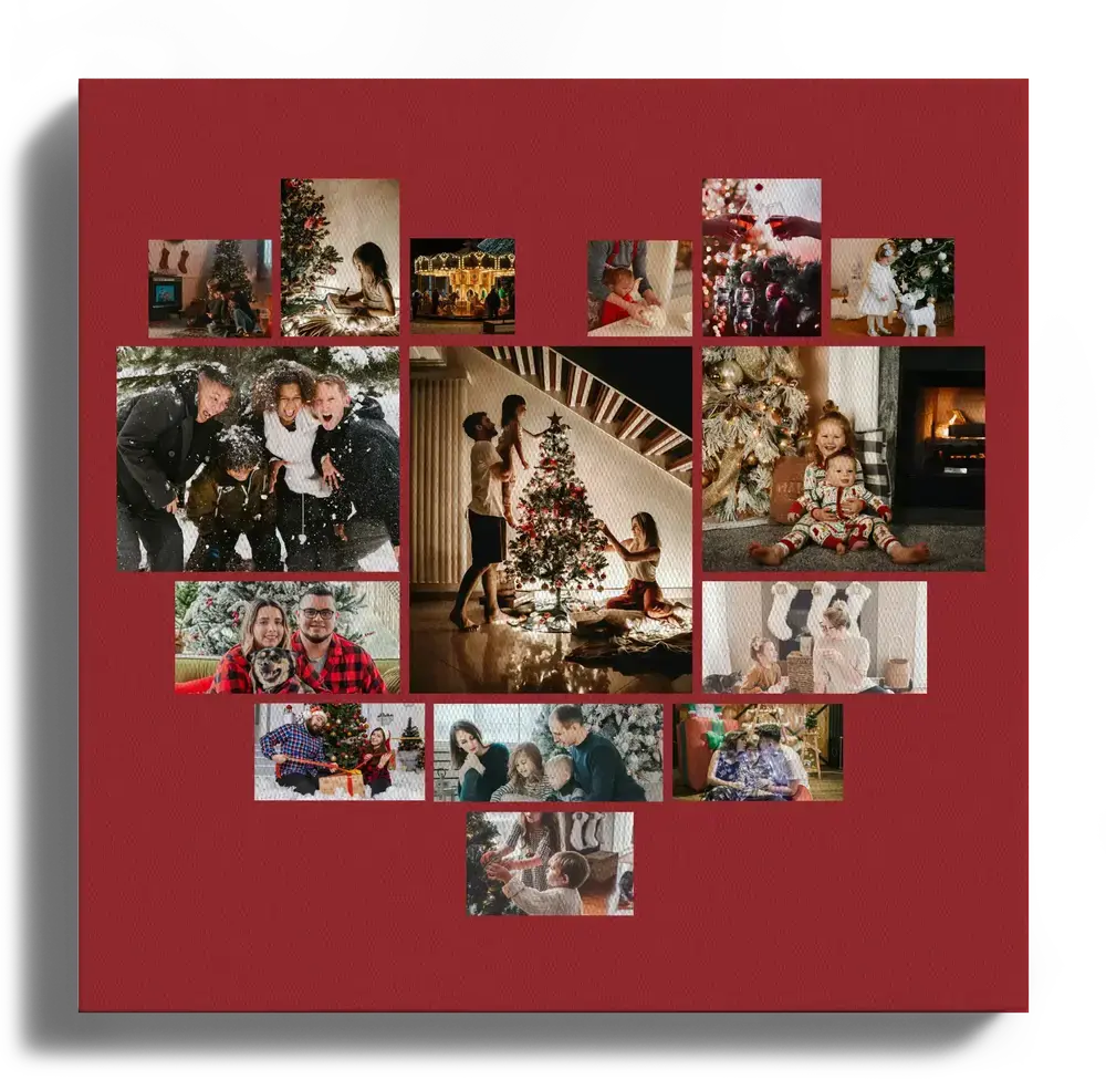 Collage photo de Noël sur toile, avec photos de famille et d’enfants disposées en cœur sur fond rouge foncé