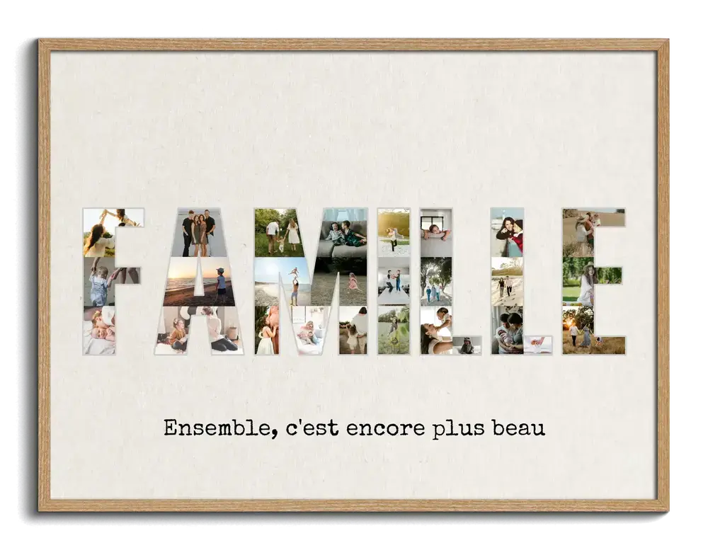 Pêle-mêle de photos de famille en forme de lettres, avec une citation sur fond beige dans un cadre en bois