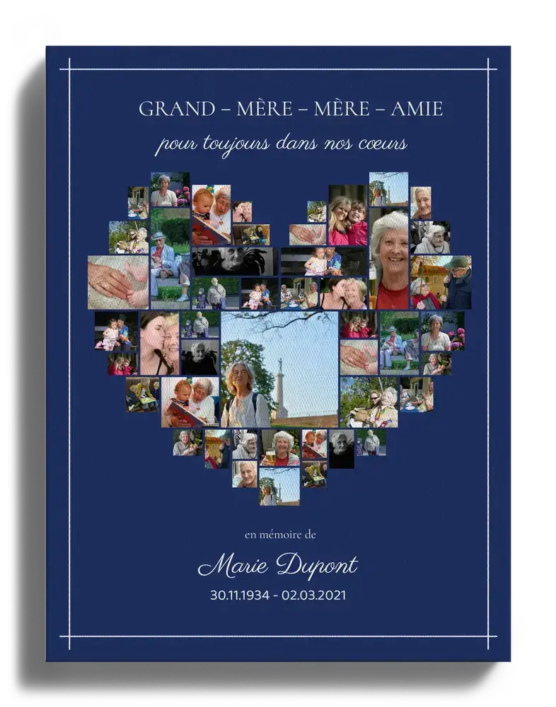 Toile commémorative verticale avec photos en cœur sur fond bleu nuit, personnalisée avec nom et dates