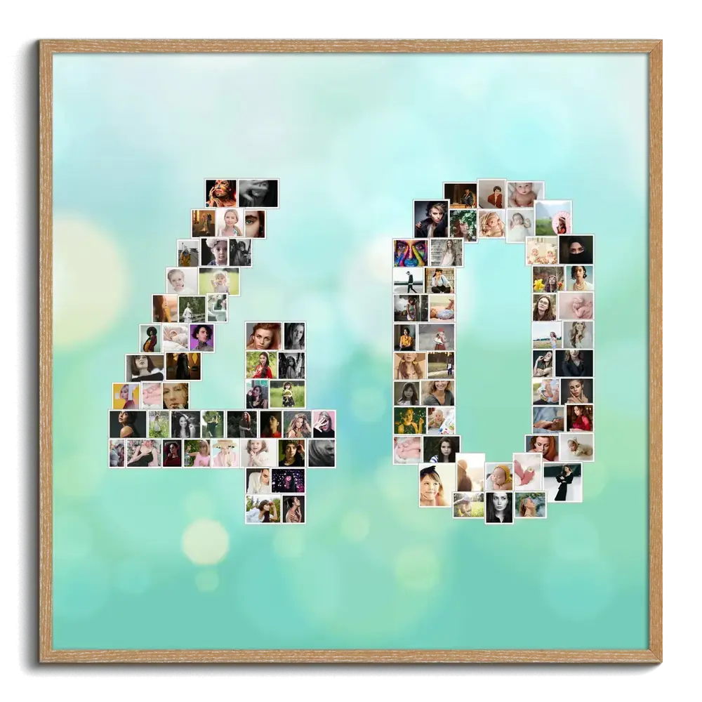 Collage photo en forme de 40 pour un anniversaire, sur fond turquoise dans un cadre en bois naturel