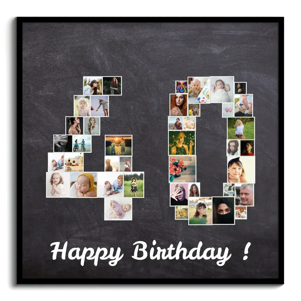 Collage photo en forme de 40 avec message d’anniversaire, sur fond sombre dans un cadre noir