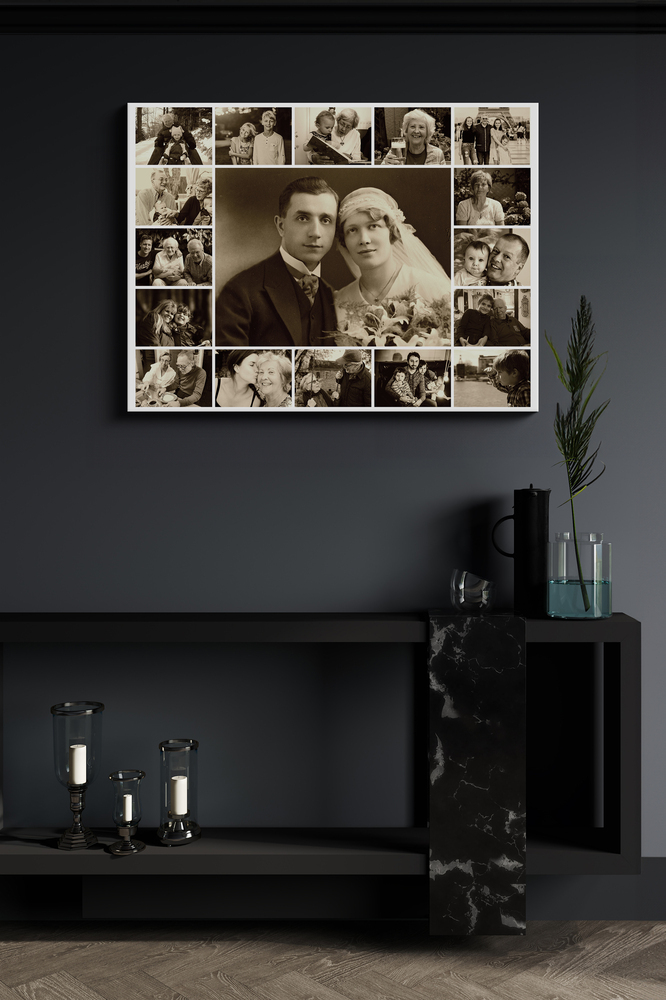 Collage photo commémoratif sépia avec portrait de mariage central, sur un mur sombre au-dessus d’une console noire