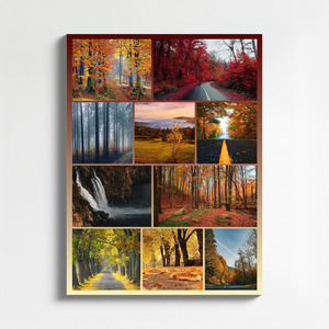 Créez et imprimez un collage photo de paysages: forêts, routes d’automne, pics enneigés