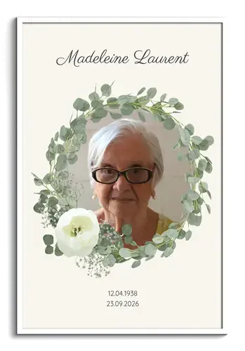 Portrait commémoratif personnalisé avec couronne d’eucalyptus et fleurs blanches dans un cadre blanc