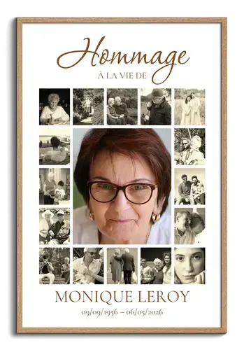 Collage hommage : portrait central et 16 photos