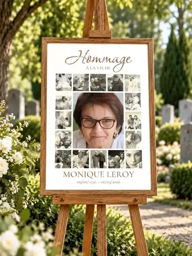 Collage hommage : portrait central et 16 photos