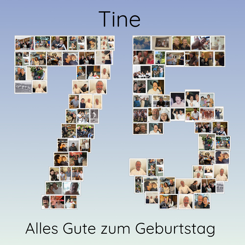 Collage photo numérique pour un 75e anniversaire, photos formant le nombre 75 sur fond bleu clair, prénom et message.