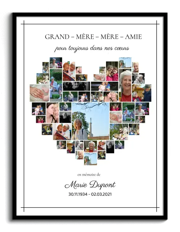 Fotocollage souvenir pour funerailles en coeur clair